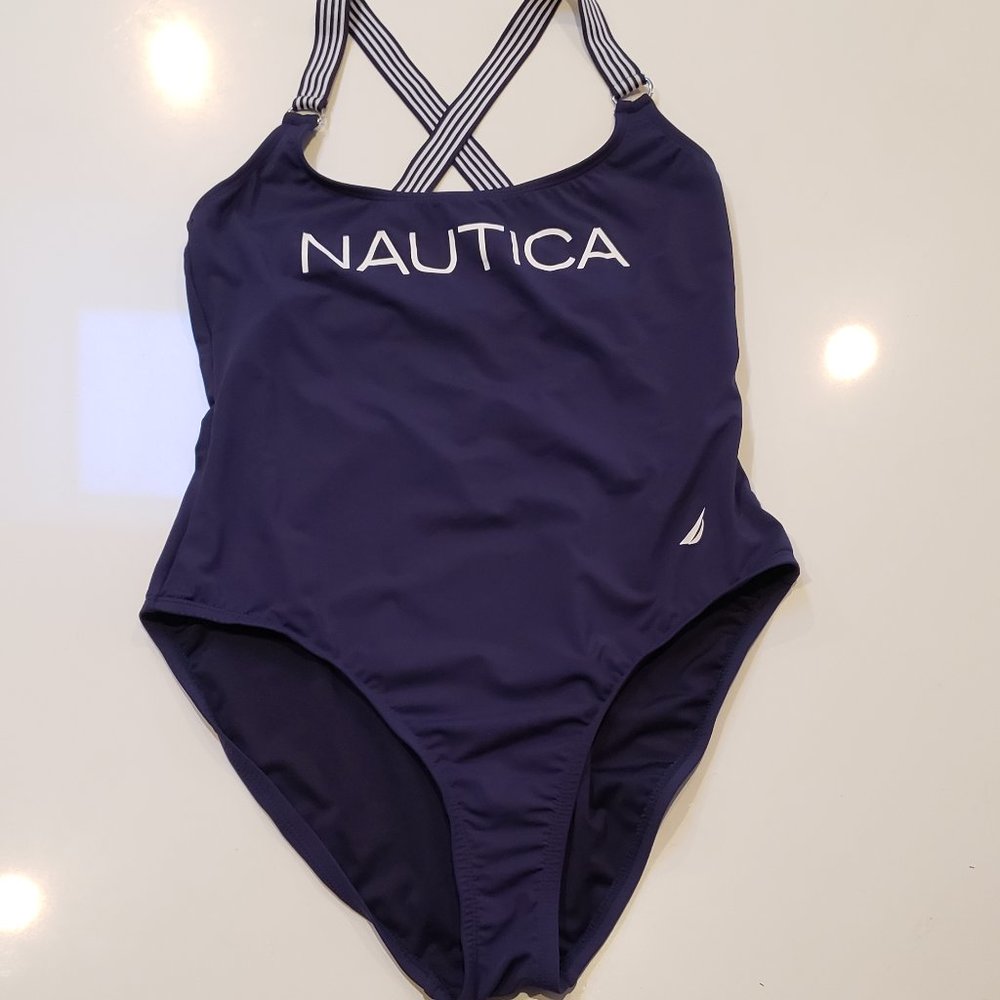 Nautica Navy Blue and White One piece Swim Suit with Nautica Printing